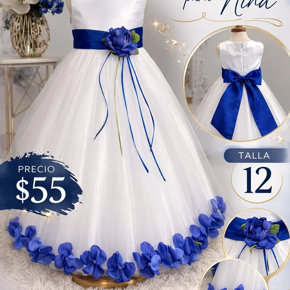 White and Royal Blue Flower Girl Dress with Sash - Size 12 - Picture 1 of 2
